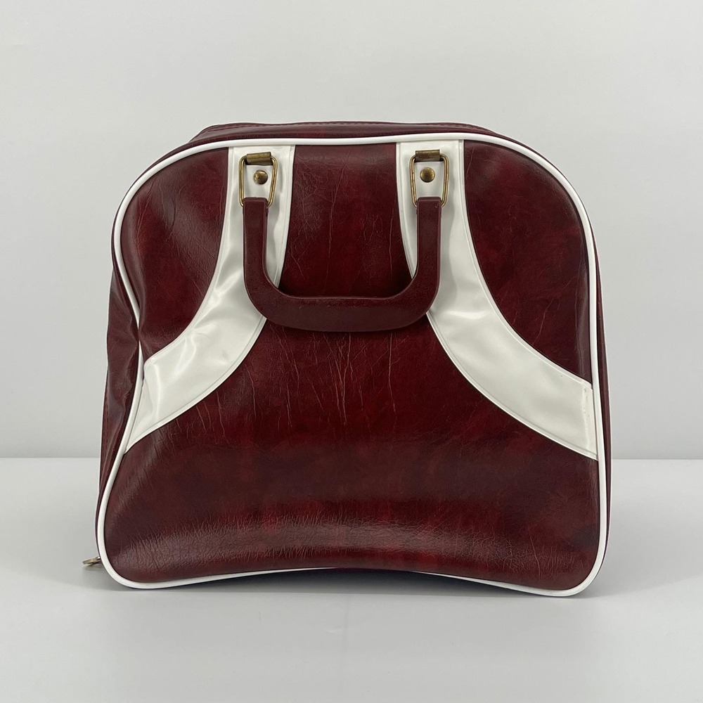 Vintage 70's Single Ball Bowling Bag Faux Leather Burgundy Red White Retro